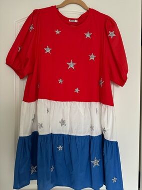 NWOT WHY DRESS-Red, White, and Blue Sparkling Silver Star Tiered Dress.